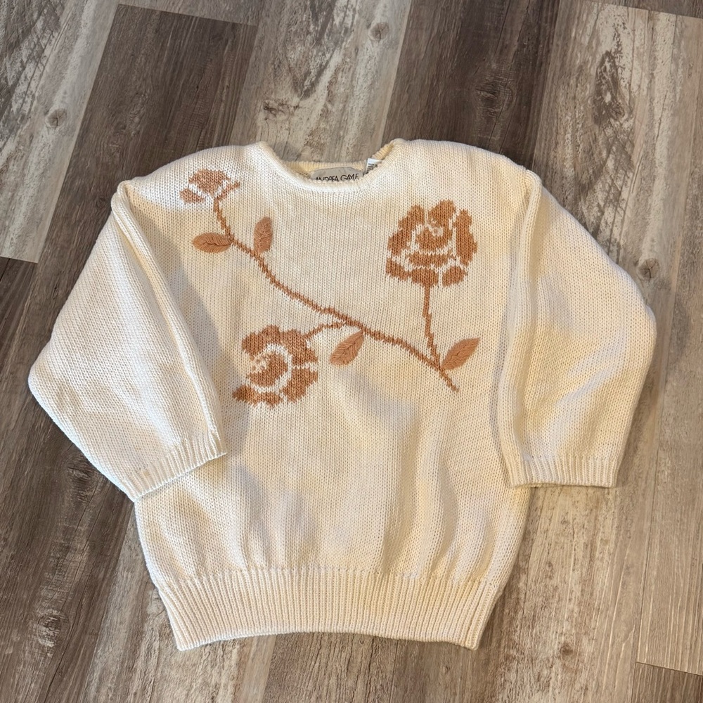 Vtg Andrea Gayle Floral Knit Sweater Cream & Brown 3/4 Sleeve Grandmacore Size M